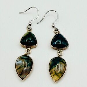 950 Fine Silver Double Drop Articulated Green Agate Earrings Mexico